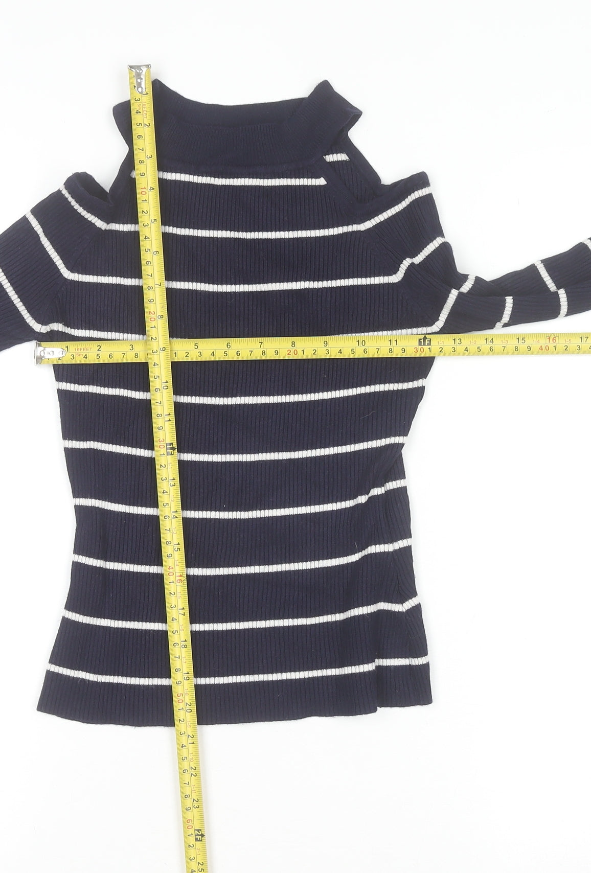 New Look Women's Blue Striped Cold Shoulder Knit Jumper Size 8