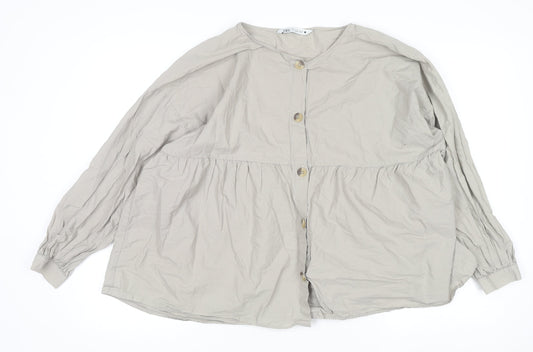 Zara Women Beige Cotton Tunic Blouse Long Sleeve Relaxed Fit L