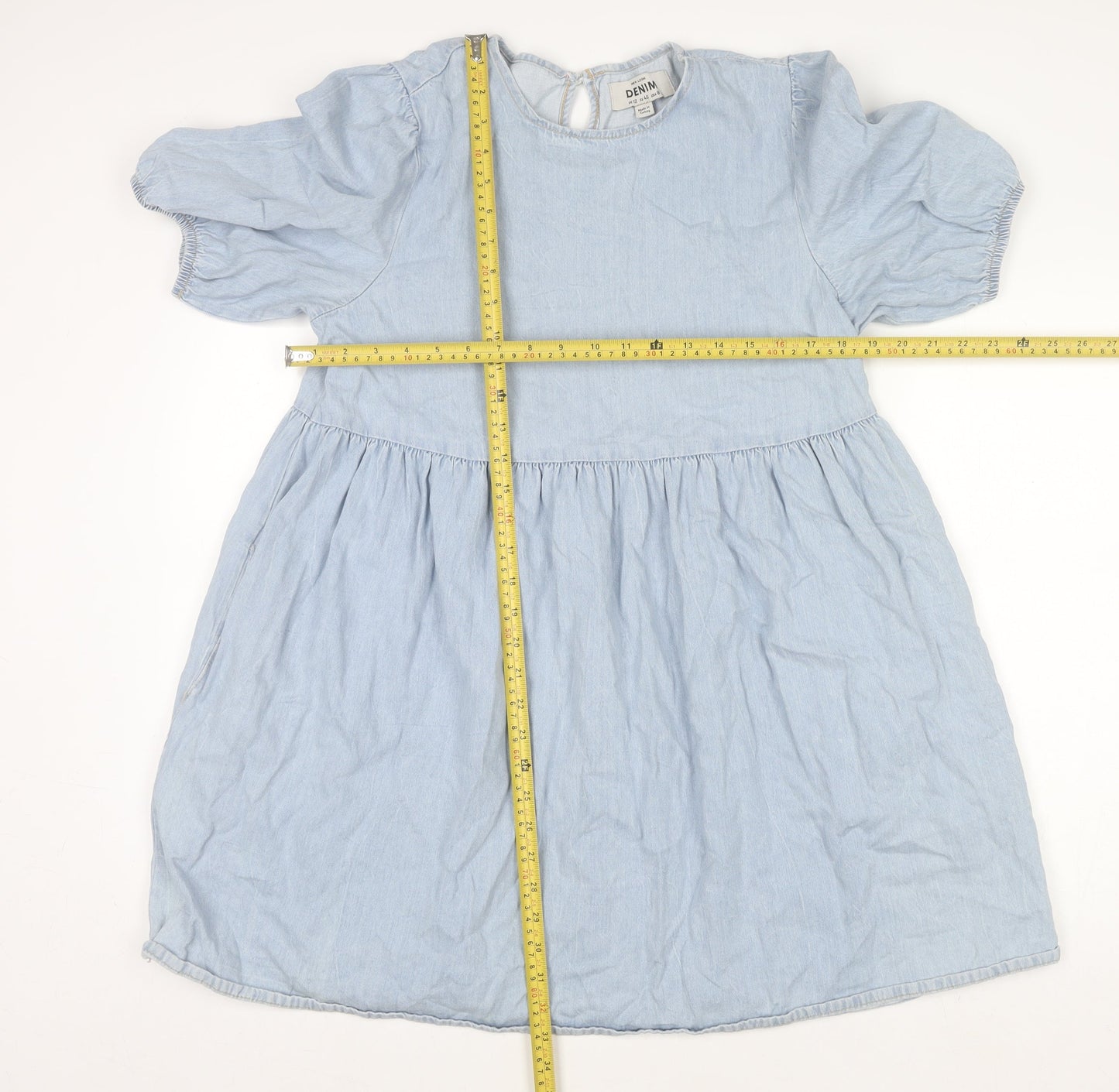 New Look Women Blue Cotton Denim Shift Puff Sleeve Dress UK 12