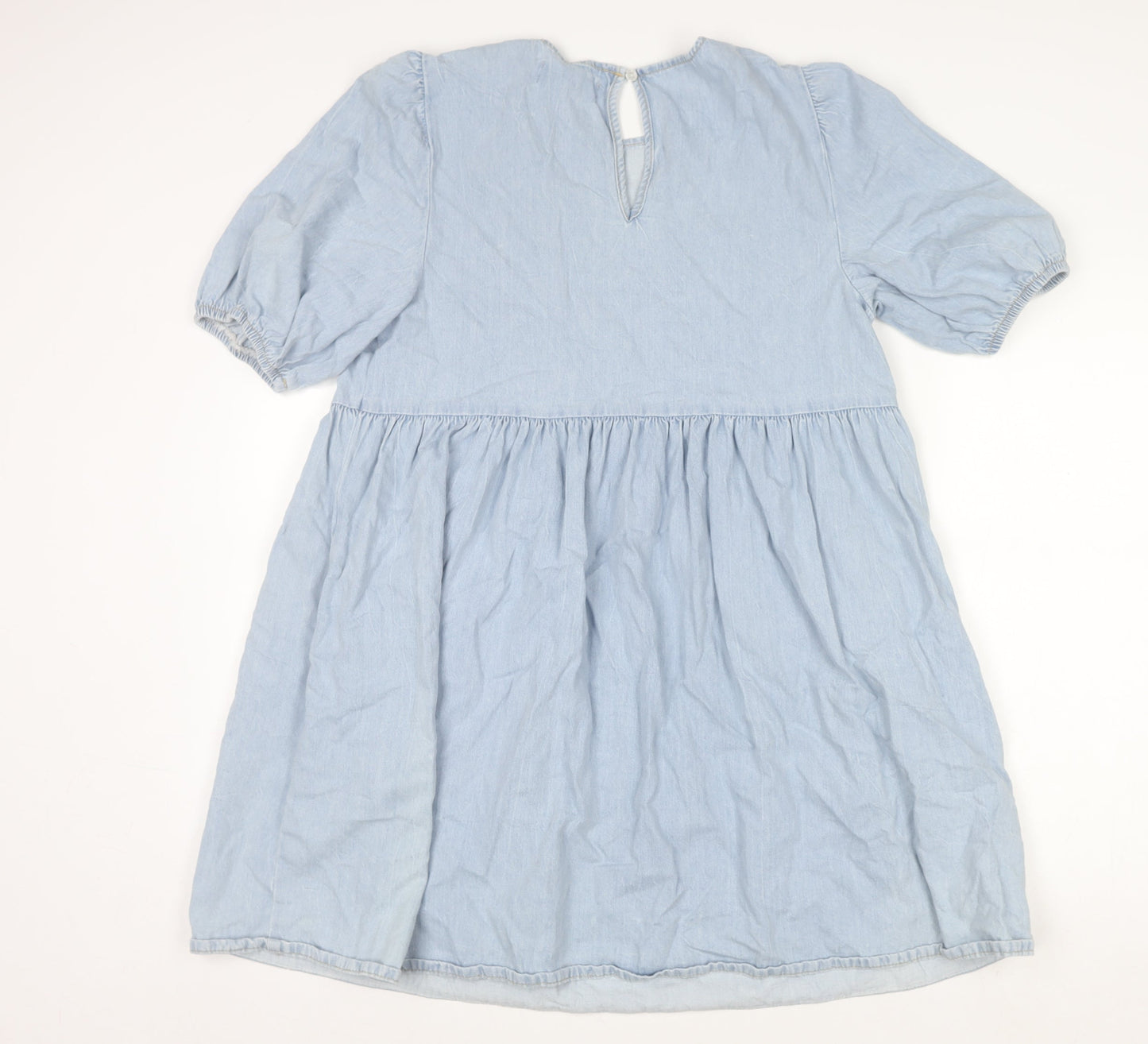 New Look Women Blue Cotton Denim Shift Puff Sleeve Dress UK 12