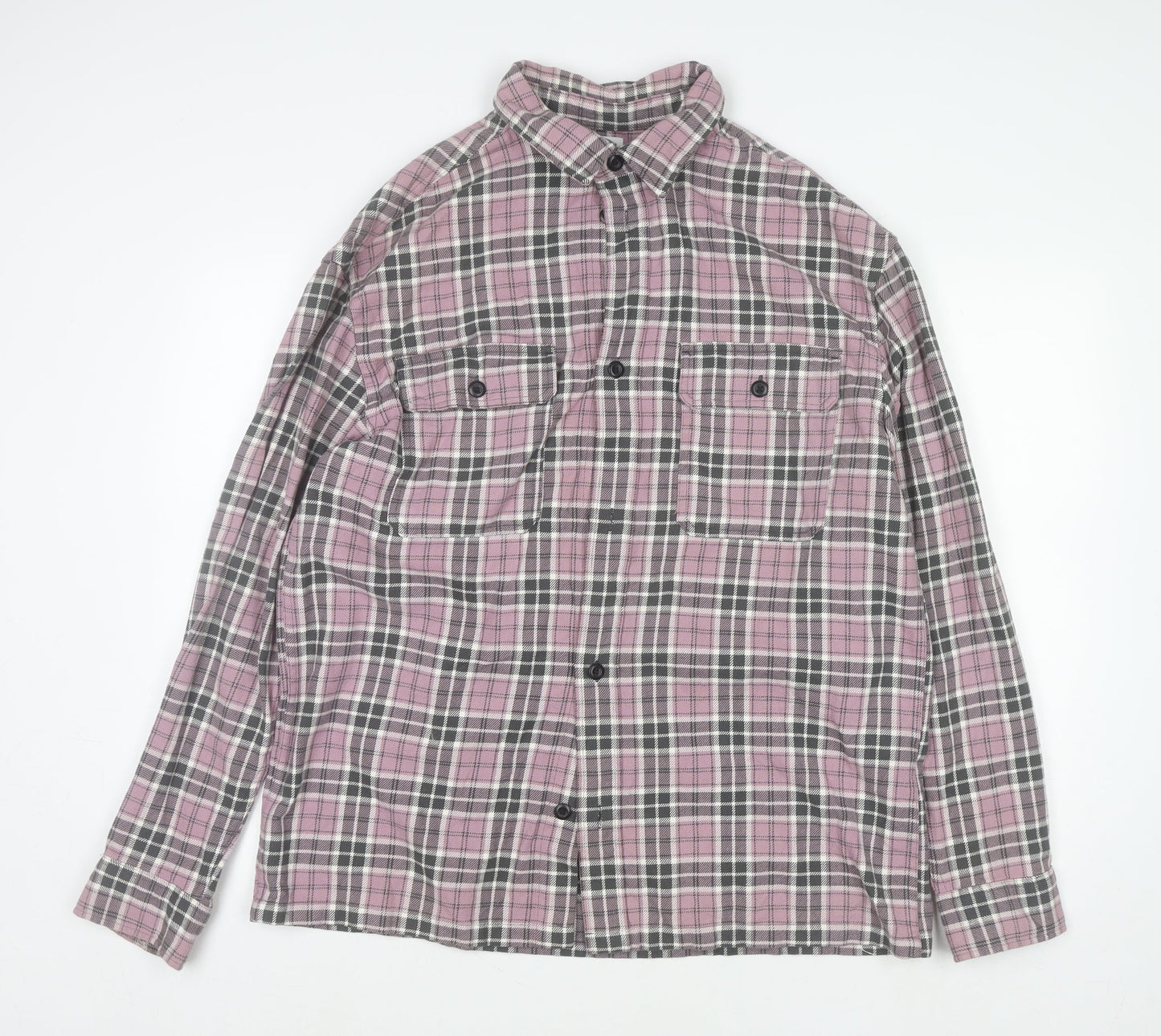 H&M Men's Pink Checked Flannel Relaxed Fit Long Sleeve Shirt L