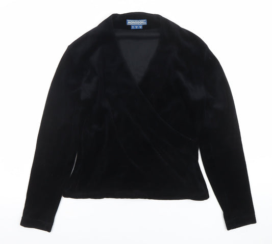 Monsoon Women Black Velvet Wrap Blouse Size 12 Long Sleeve