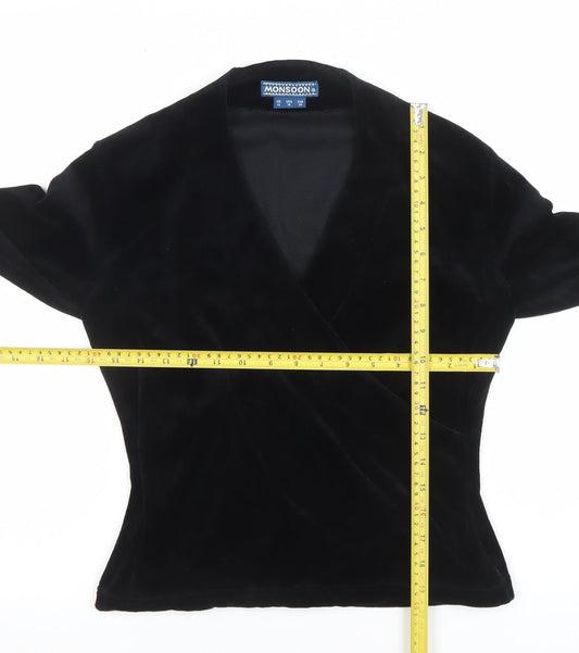 Monsoon Women Black Velvet Wrap Blouse Size 12 Long Sleeve