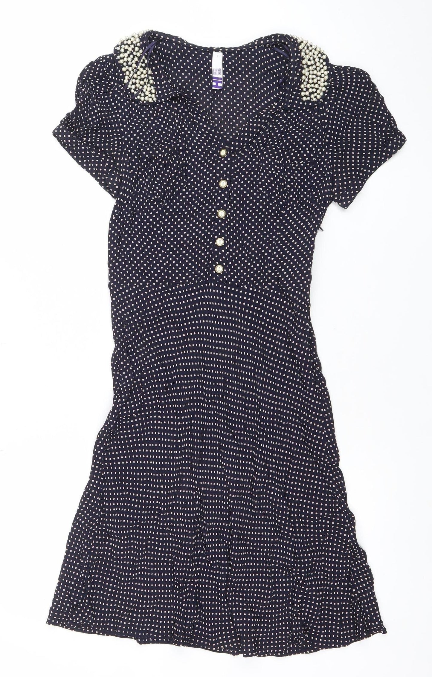 By Thierry Holland Women’s Blue Polka Dot Beaded Fit & Flare Dress Size 6