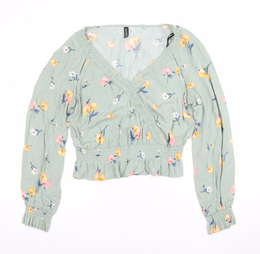 H&M Divided Women's Green Floral Wrap Blouse Long Sleeve Size 12
