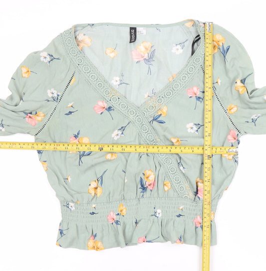 H&M Divided Women's Green Floral Wrap Blouse Long Sleeve Size 12