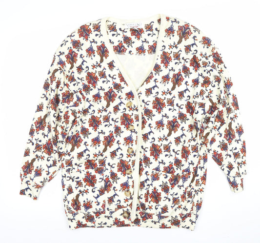 Cambridge Sportsclub Women's Ivory Floral Cotton V-Neck Cardigan M