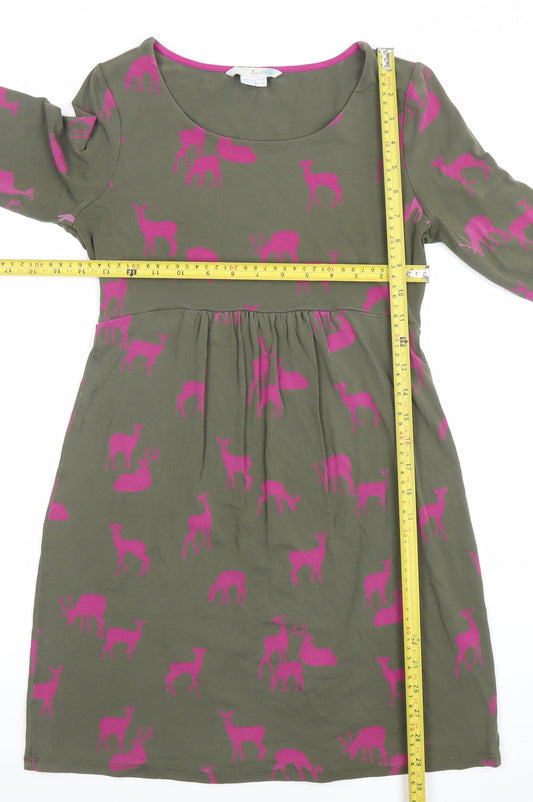 Boden Women Green Pink Deer Print Fit & Flare Jersey Dress Size 10