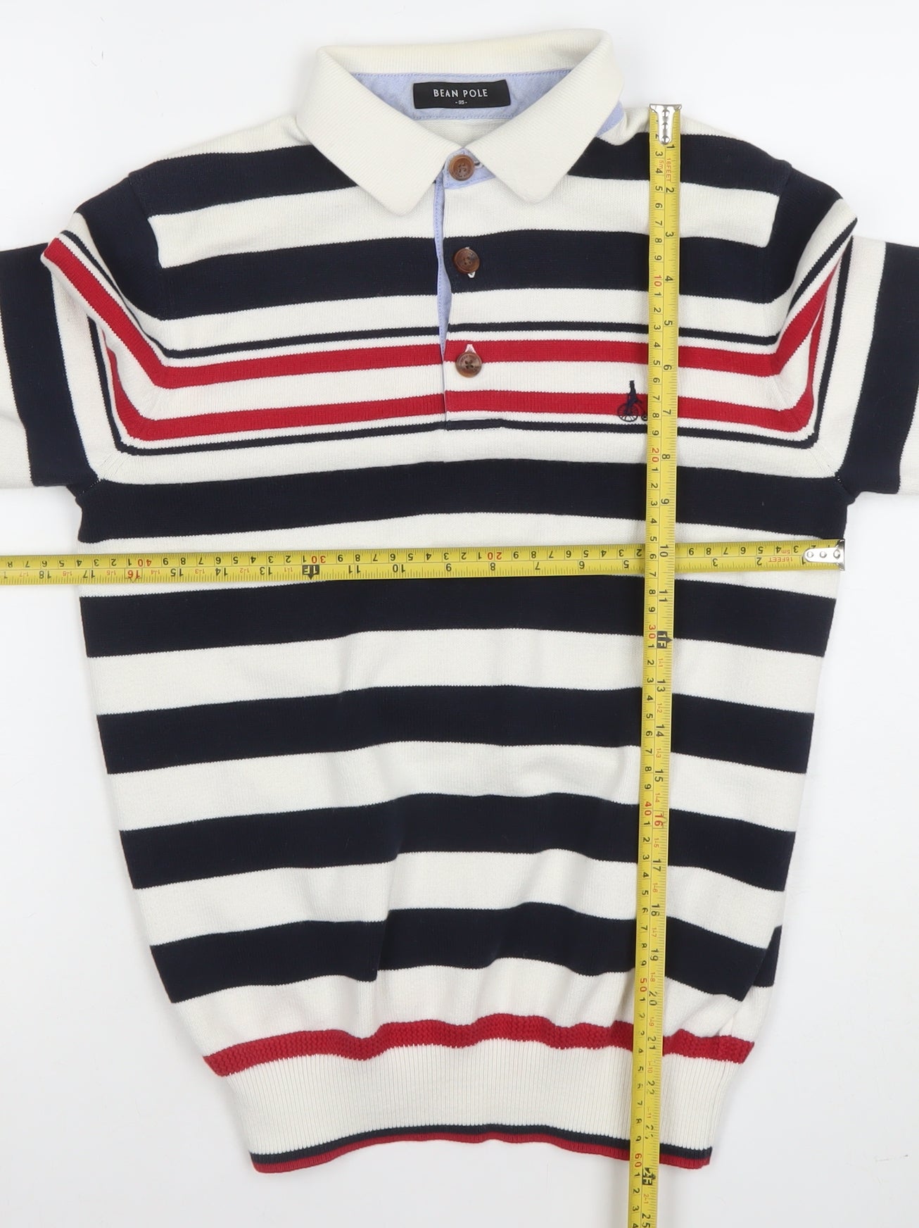 Bean Pole Boys Navy Stripe Collared Henley Jumper Size M Cotton Blend