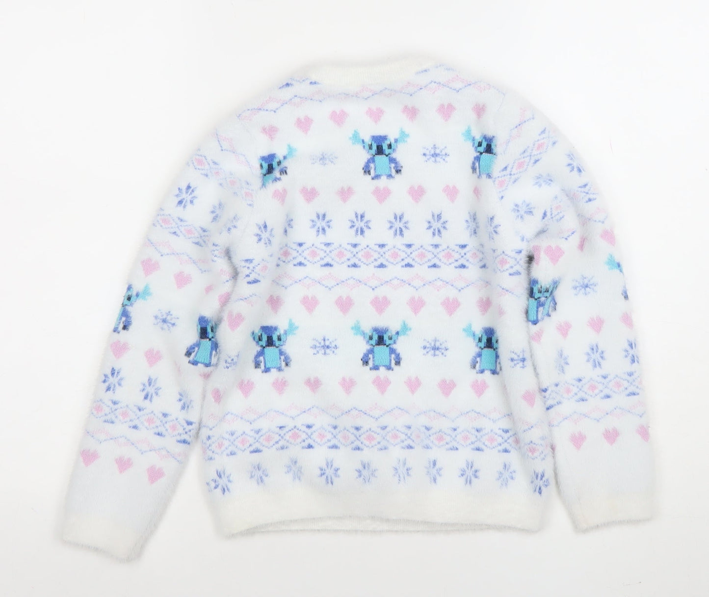 Disney Girls White Stitch Christmas Pullover Jumper 7-8 Years
