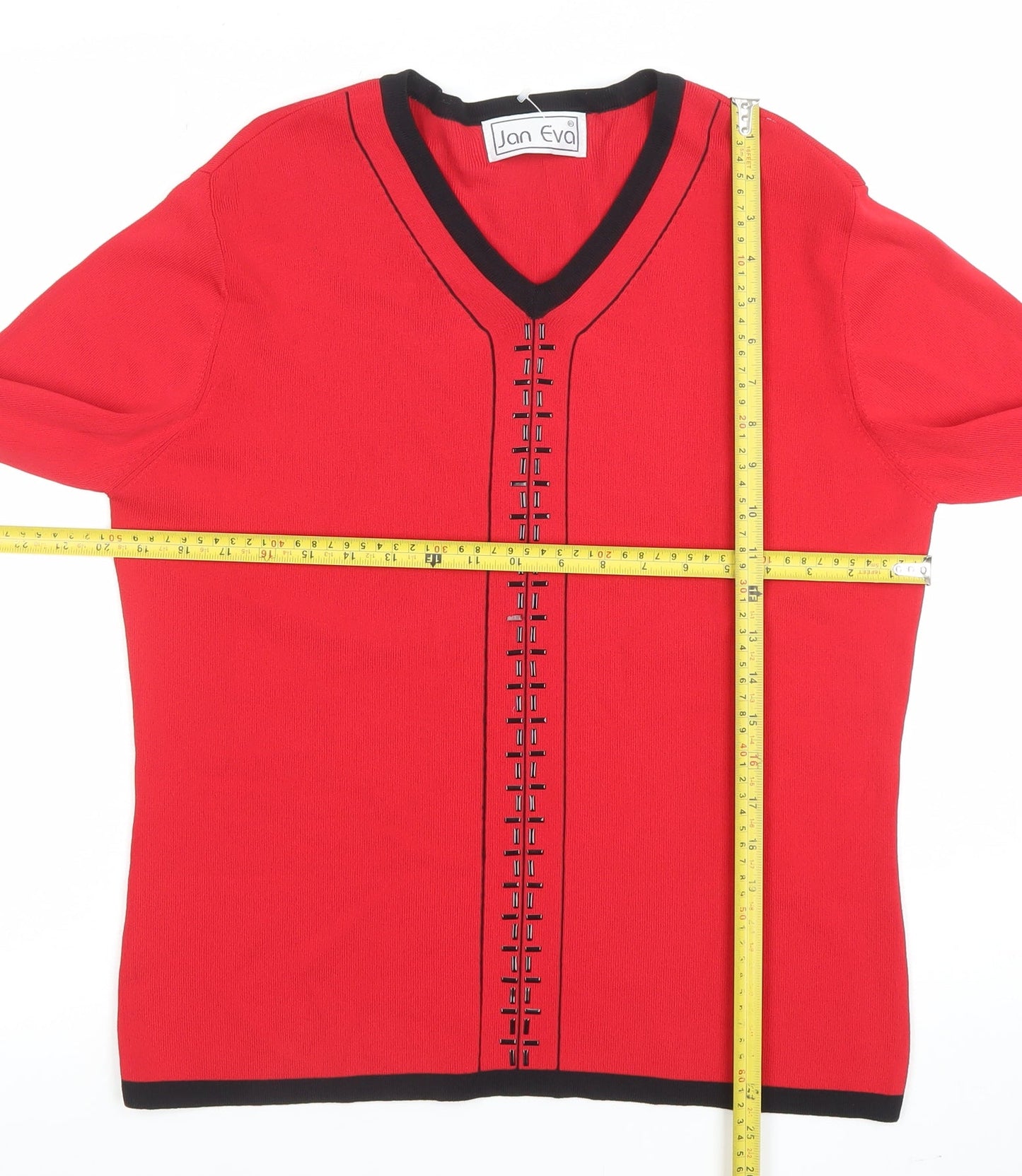 Jan Eva Women Red V-Neck Long Sleeve Pullover Jumper Size 16