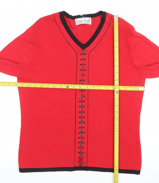 Jan Eva Women Red V-Neck Long Sleeve Pullover Jumper Size 16