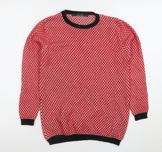 Zara Women Red Geometric Knit Crew Neck Pullover Jumper Size 8