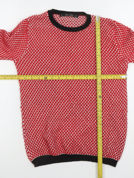 Zara Women Red Geometric Knit Crew Neck Pullover Jumper Size 8