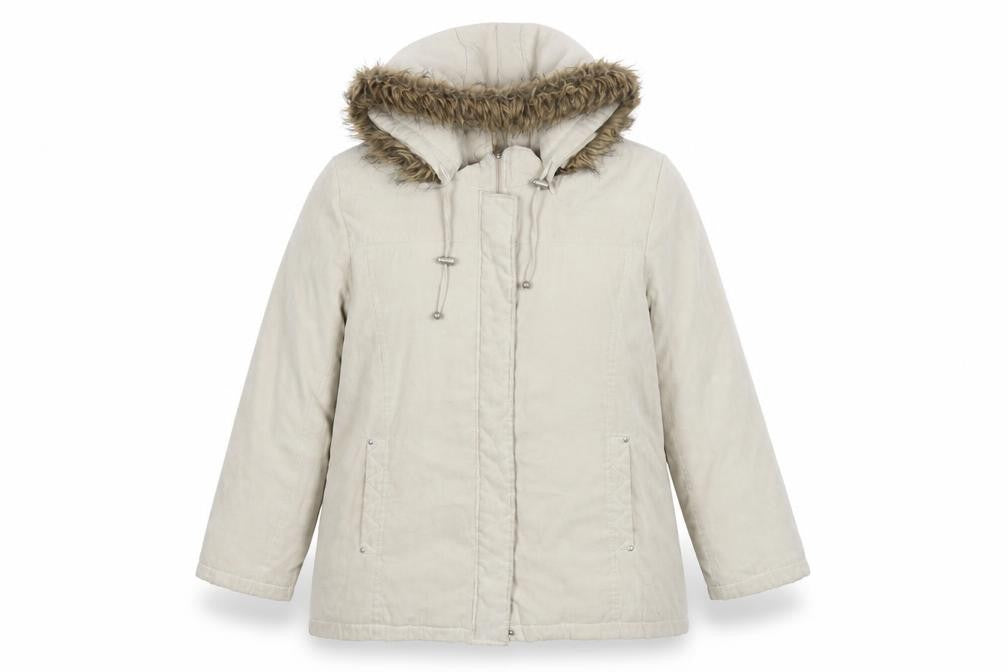 Bonmarché Womens Beige Long Parka Coat L Hooded Faux Fur Trim Zip Casual