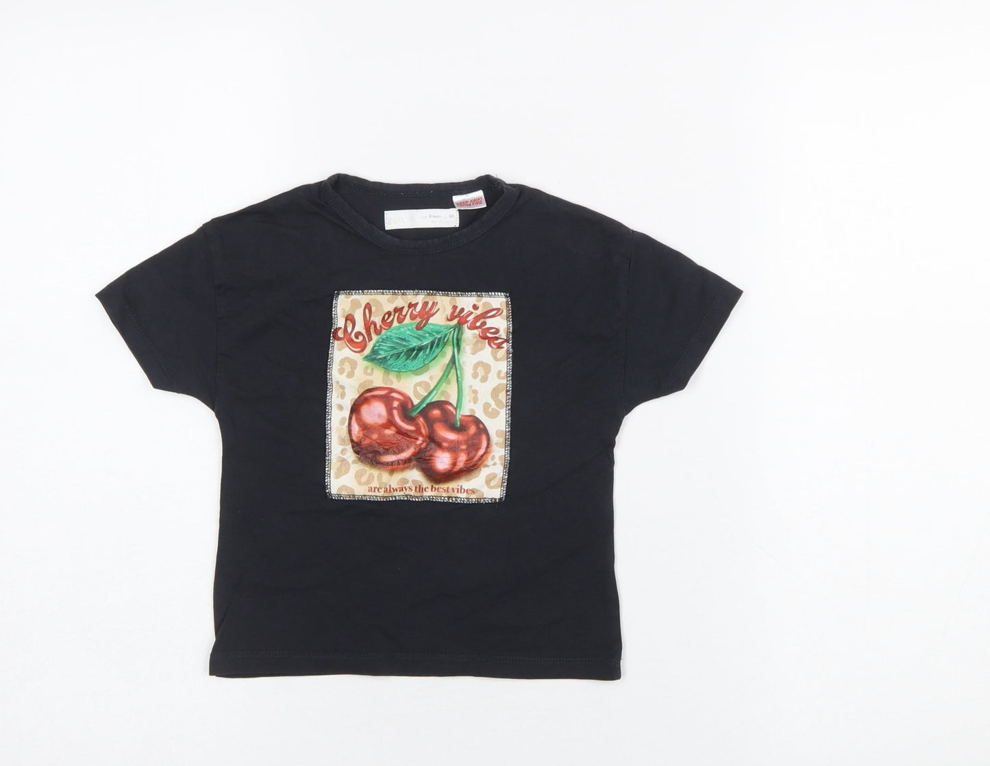 ZARA Girls Black Cherry Vibes Graphic Cotton T-Shirt 3 Years