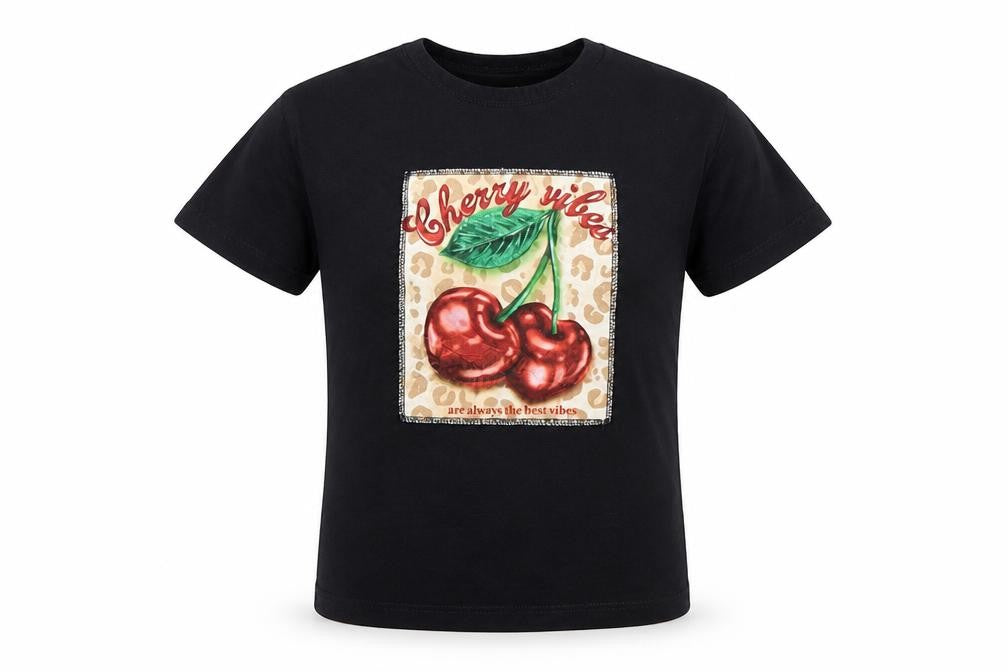 Front view of Zara girls’ black cherry vibes graphic cotton t-shirt 3 years