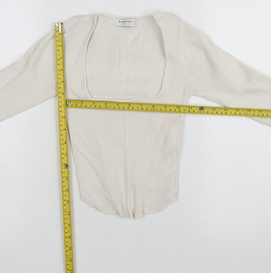 Stradivarius Women’s Ivory Long Sleeve Cropped Knit Blouse Size S