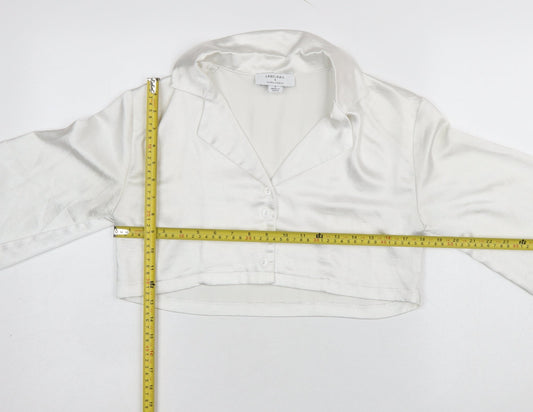 Labelrail Women’s White Cropped Satin Blouse UK 8 Long Sleeve Classic