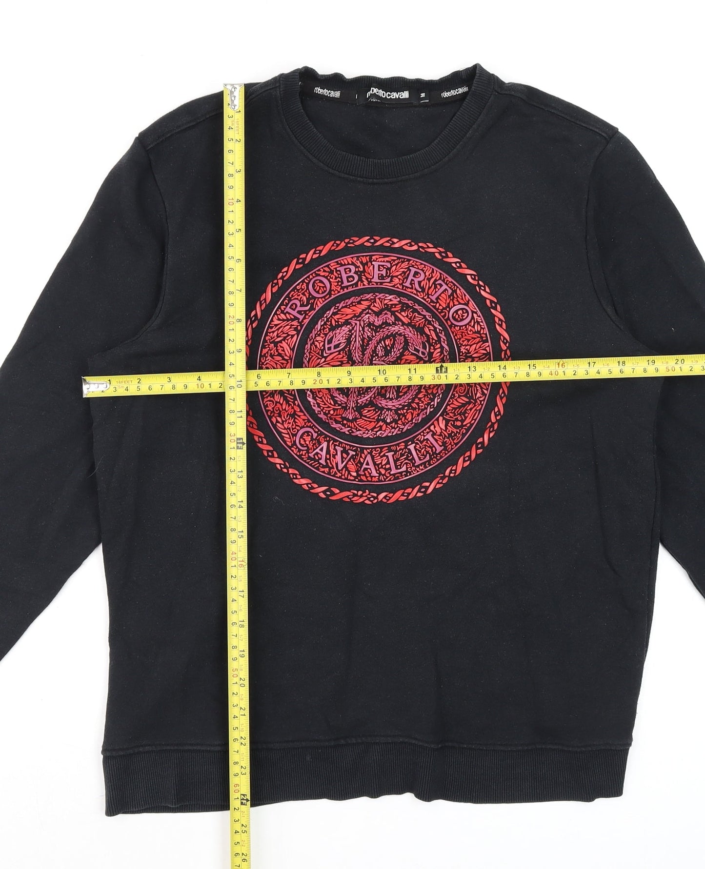 Roberto Cavalli Womens Black Red Logo Sweatshirt Size M Cotton Crew Neck