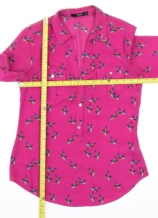 Oasis Women's Pink Bird Print Long Sleeve Button Blouse Size 6