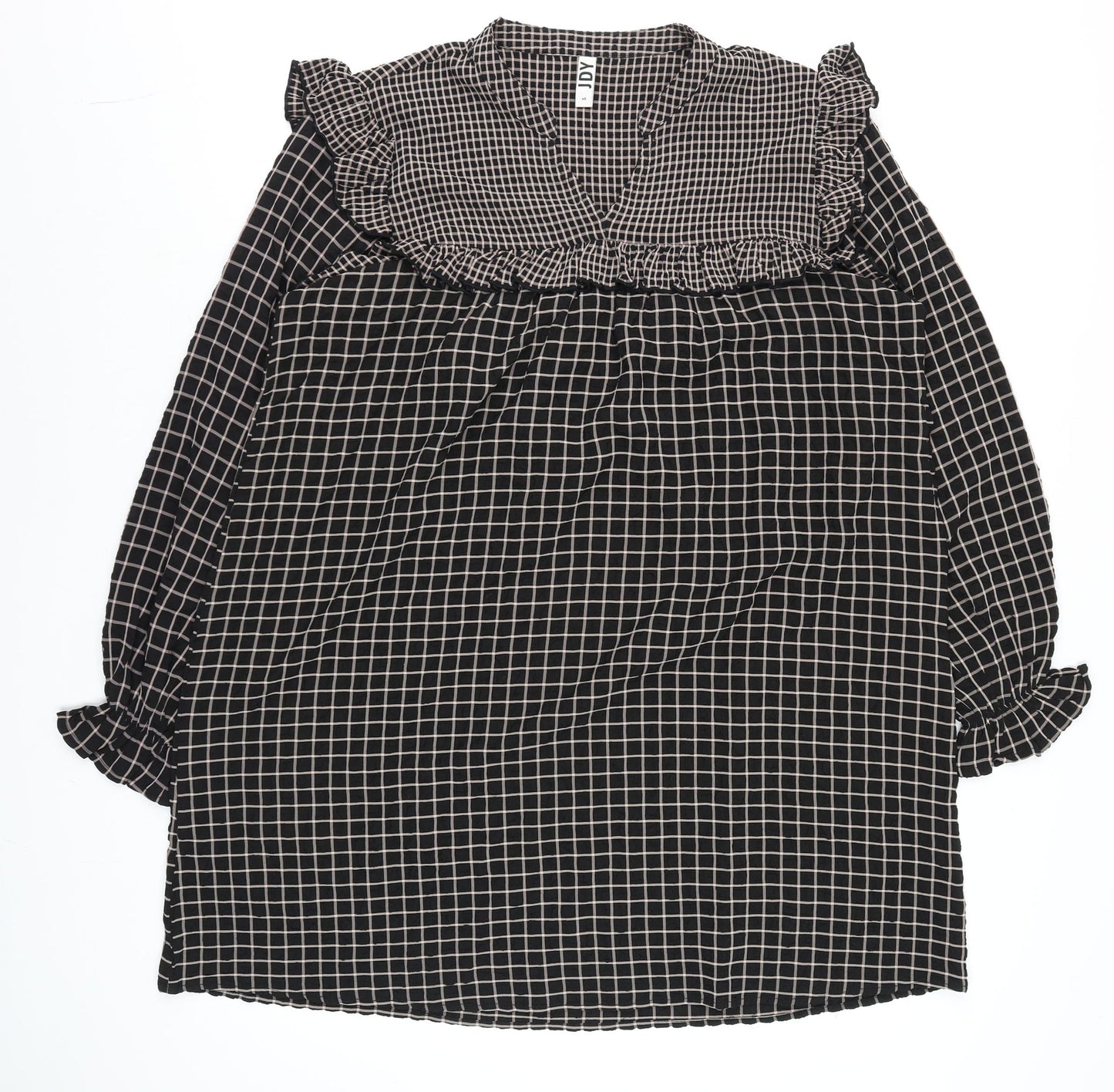 JDY Womens Black Check Ruffle Long Sleeve Tunic Blouse Size 12