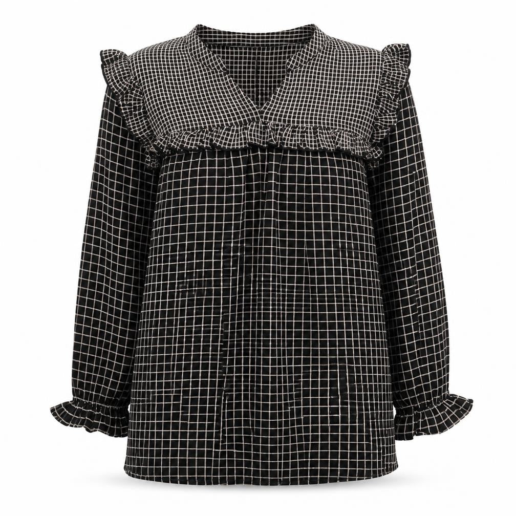 Front view of JDY women’s black check ruffle long sleeve tunic blouse, size UK 12