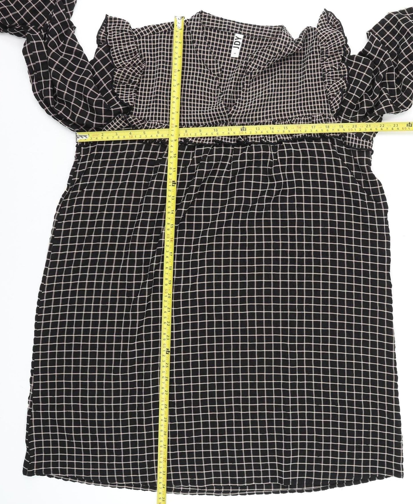 JDY Womens Black Check Ruffle Long Sleeve Tunic Blouse Size 12