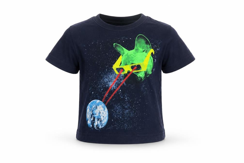 Front view of Little Lads boys’ black space cat graphic short sleeve cotton t-shirt 18-24m