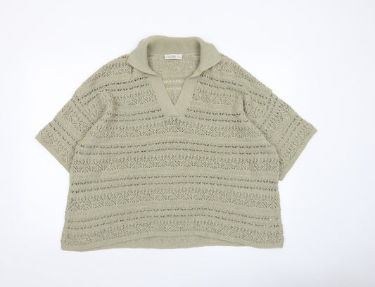 Gallery Womens Beige Open Knit V-Neck Short Sleeve Jumper Size XL