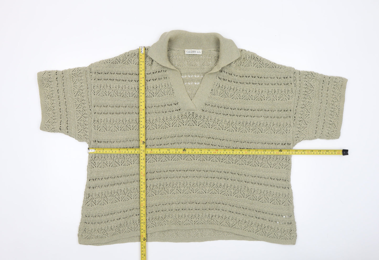 Gallery Womens Beige Open Knit V-Neck Short Sleeve Jumper Size XL