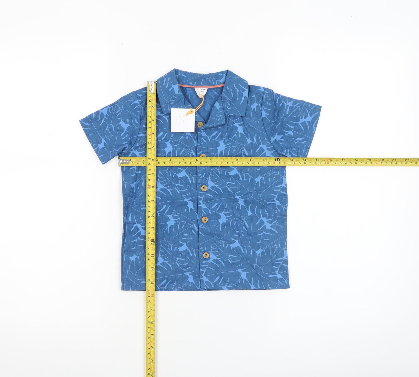John Lewis Boys Blue Leaf Print Cotton Linen Button-Up Shirt 24 Months