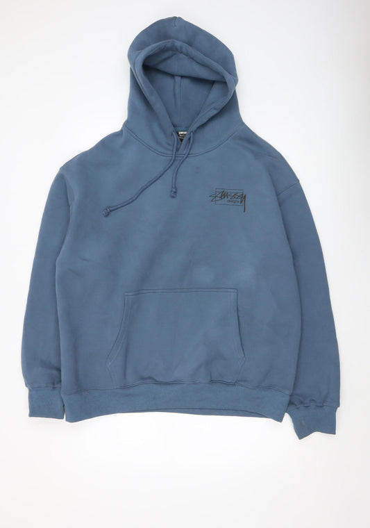 Stussy Men’s Blue Pullover Hoodie XL Fleece Graphic Print Streetwear