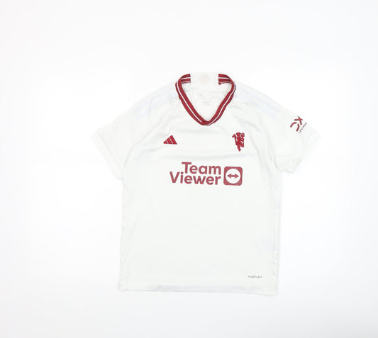 Adidas Boys White Football Jersey T-Shirt 7-8 Years Lightweight V-Neck