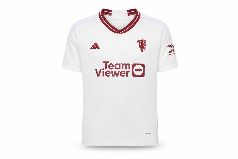 Front view of Adidas boys’ white football jersey t-shirt 7-8 years lightweight v-neck