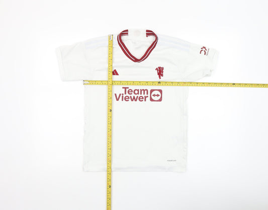 Adidas Boys White Football Jersey T-Shirt 7-8 Years Lightweight V-Neck