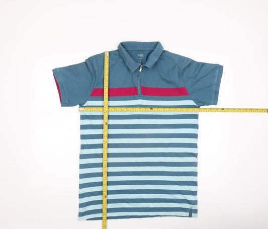 Dunnes Stores Men's Blue Striped Slim Fit Cotton 1/4 Zip Polo Shirt L