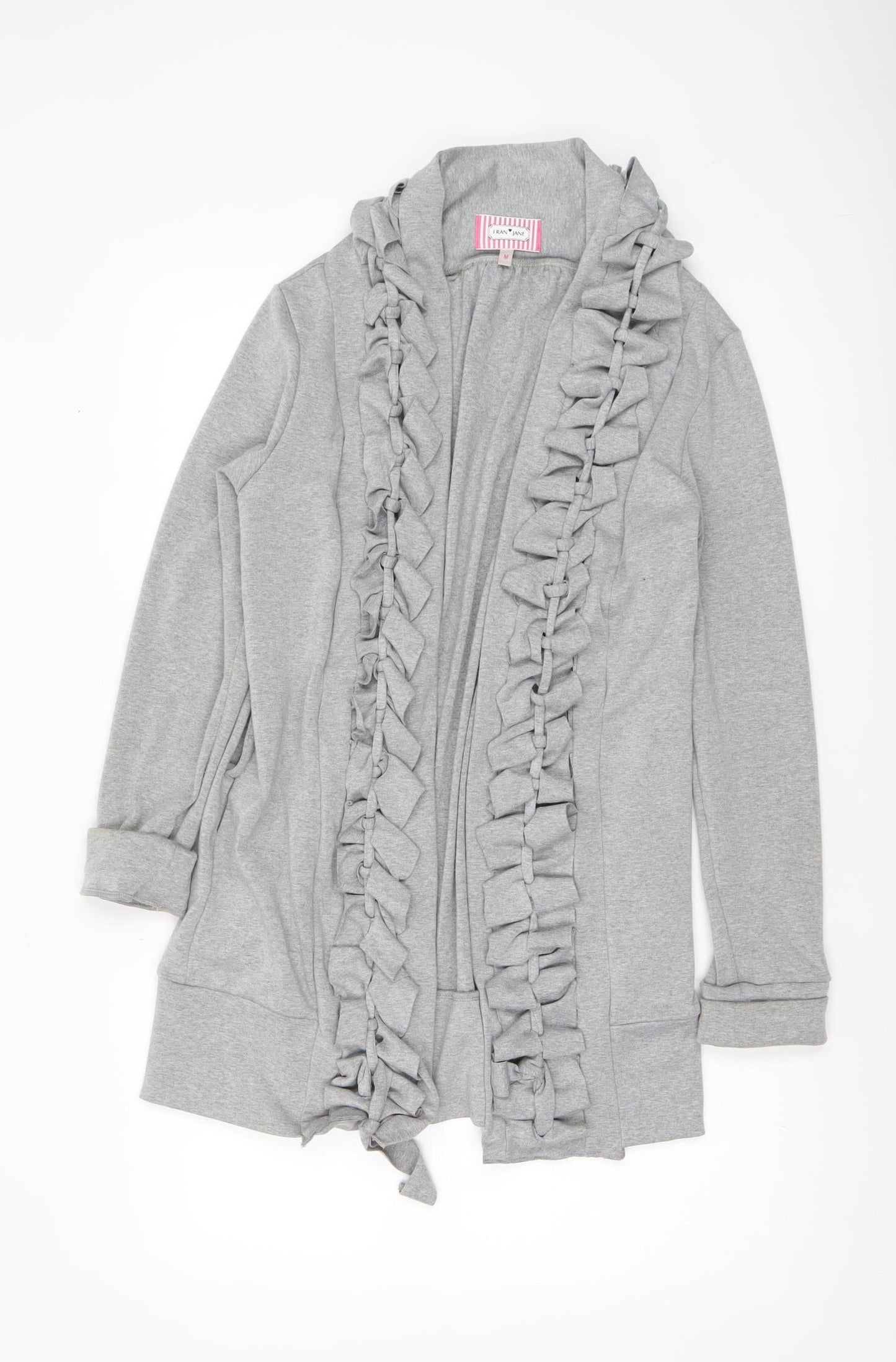 Fran Jane Women’s Grey Ruffle Open Front Mid-Length Cotton Blend Jacket M