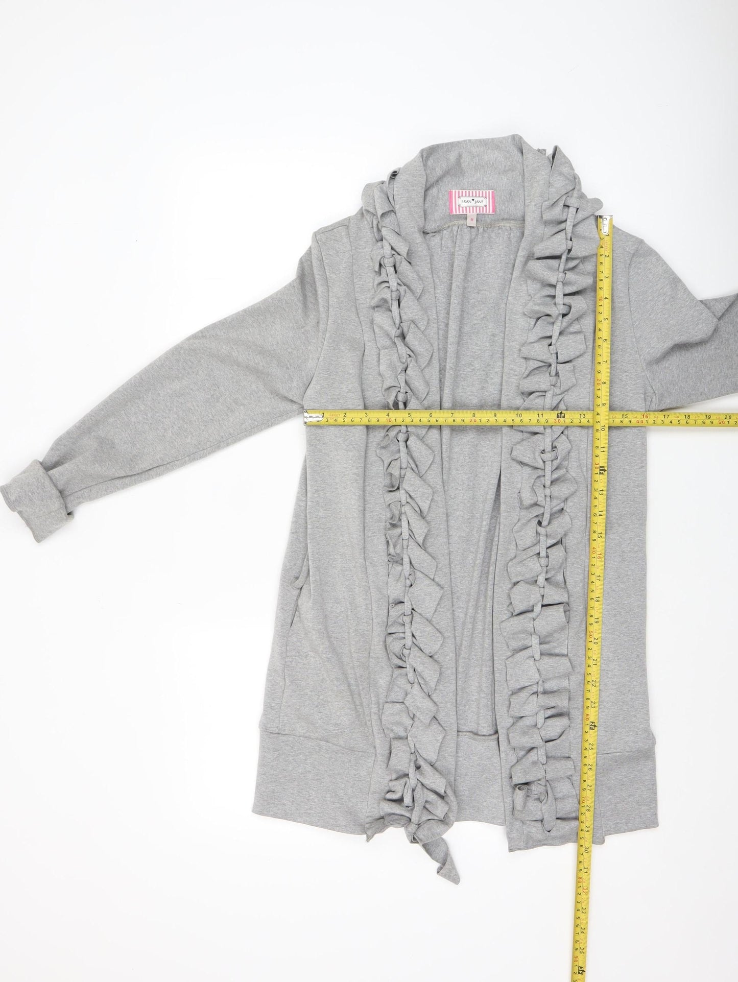 Fran Jane Women’s Grey Ruffle Open Front Mid-Length Cotton Blend Jacket M