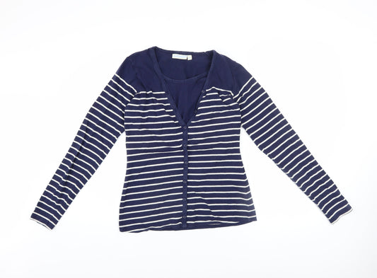 JoJo Maman Bébé Women’s Blue Striped V-Neck Button-Up Long Sleeve Top Size S