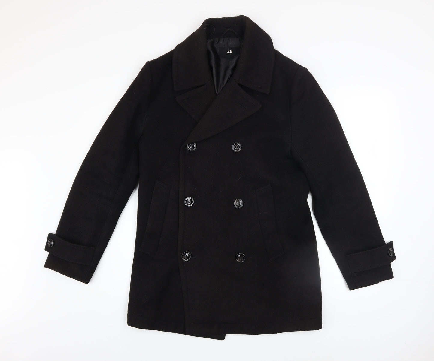 H&M Men’s Black 36 Regular Pea Coat Wool-Look Winter Jacket