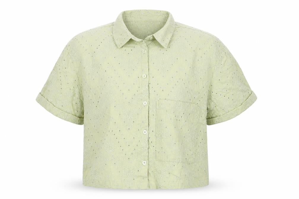 Front view of Marks & Spencer girls’ green embroidered cropped button-up shirt 11-12 years