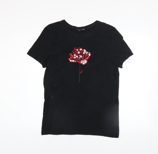 Zara Women's Black Beaded Rose T-Shirt Size S Short Sleeve Cotton