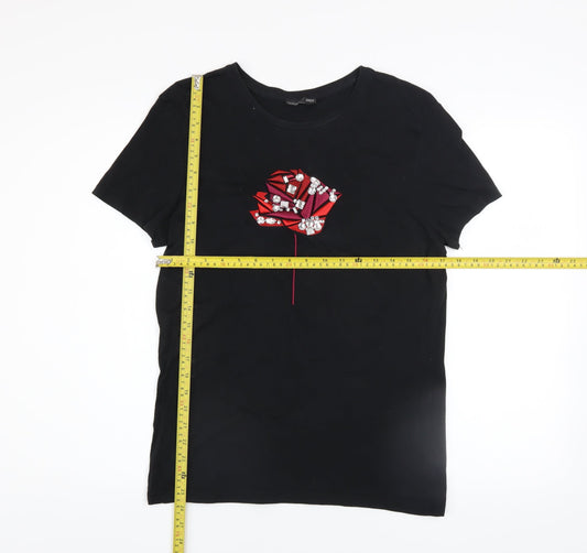 Zara Women's Black Beaded Rose T-Shirt Size S Short Sleeve Cotton