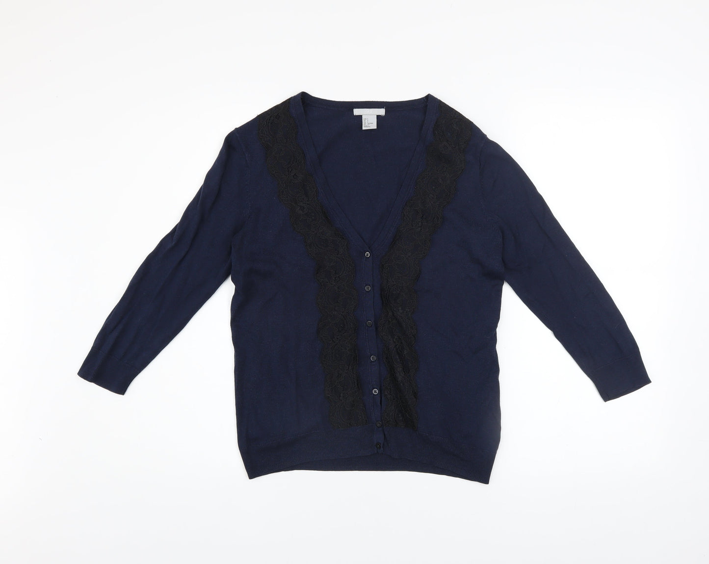 H&M Women's Blue Lace Trim Button Cardigan Size 8 V-Neck Knit