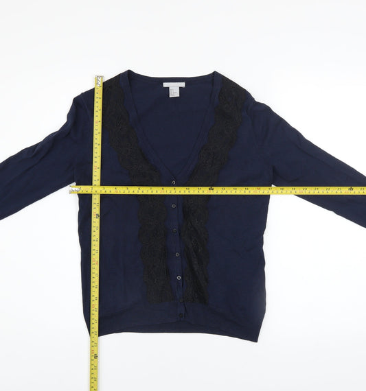 H&M Women's Blue Lace Trim Button Cardigan Size 8 V-Neck Knit