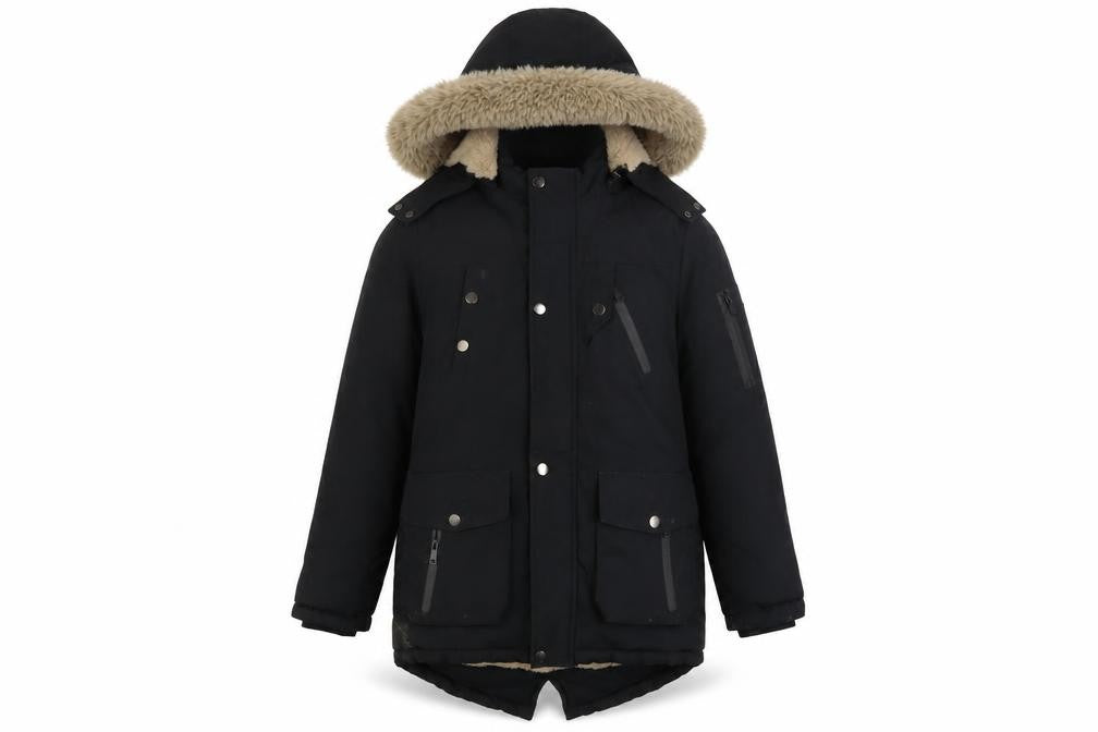 Front view of Setty Koop girls’ black faux fur trim lined parka coat 14 years winter warm