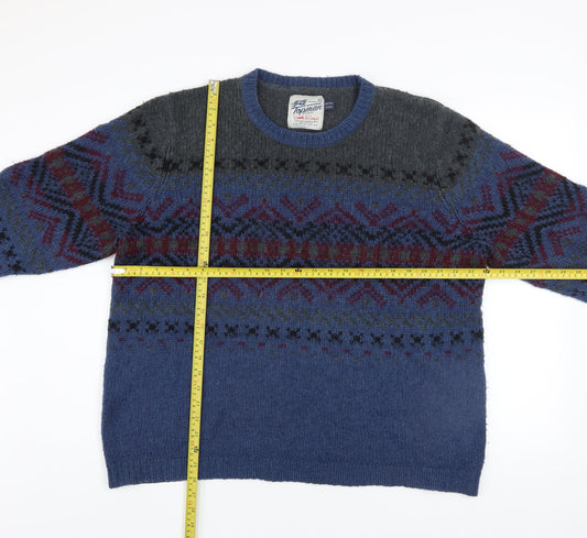 Topman Men's Blue Fair Isle Wool Blend Crew Neck Jumper XL