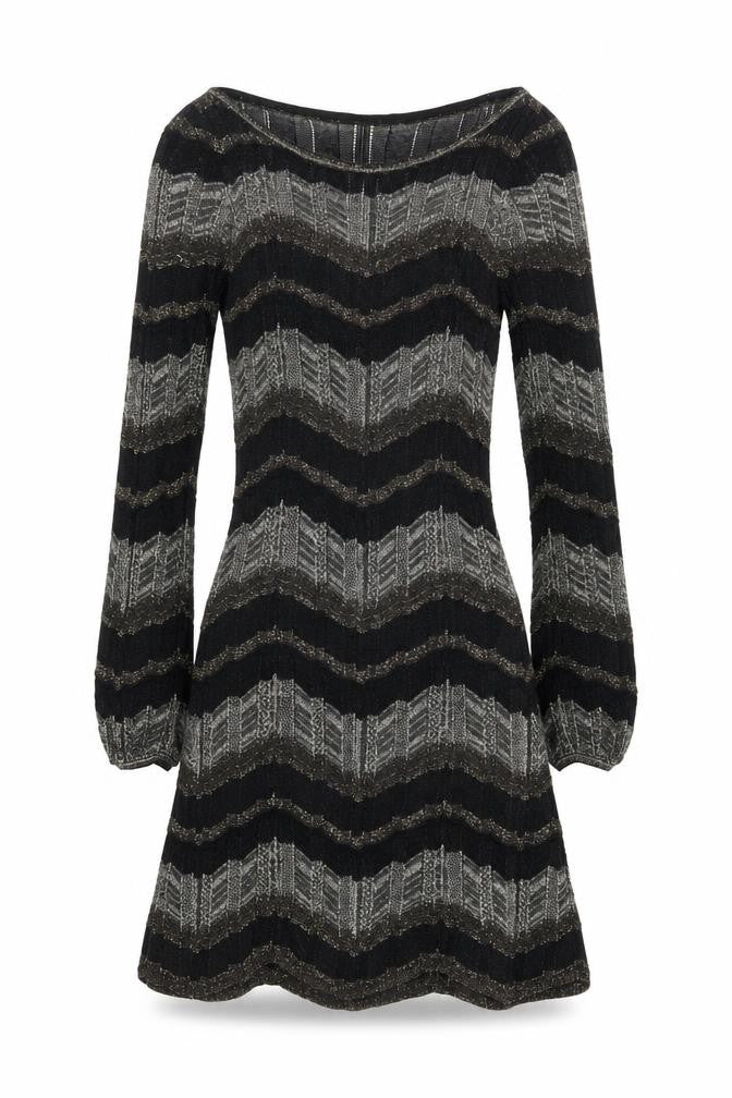 Oasis Women Black Chevron Knit A-Line Dress XS Long Sleeve