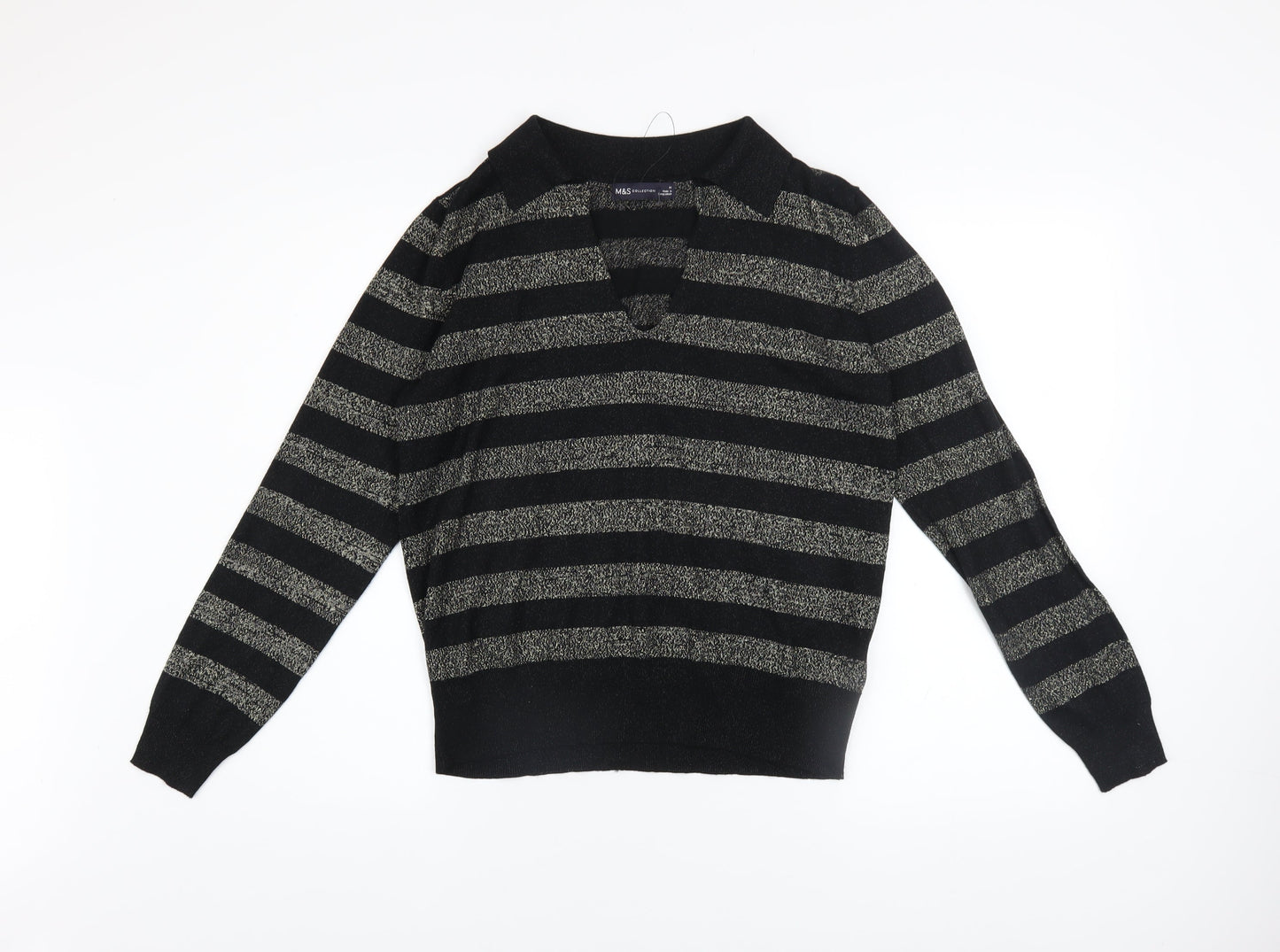 Marks and Spencer Womens Black Striped V-Neck Metallic Knit Jumper Size M